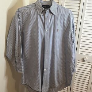 90s Polo Ralph Lauren Blue and White Striped Cotton Yarmouth Pinpoint Oxford